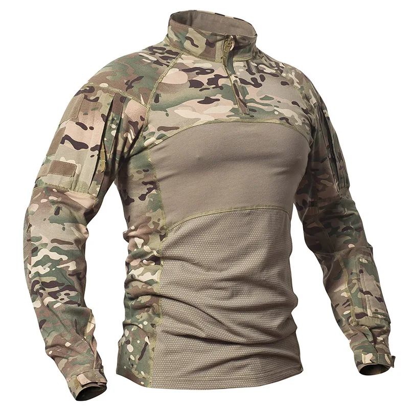 Pánske kamuflážne taktické bojové košele natiahnite bavlnu 1/4 Zipper Uniforma košele s dlhým rukávom camo tričko