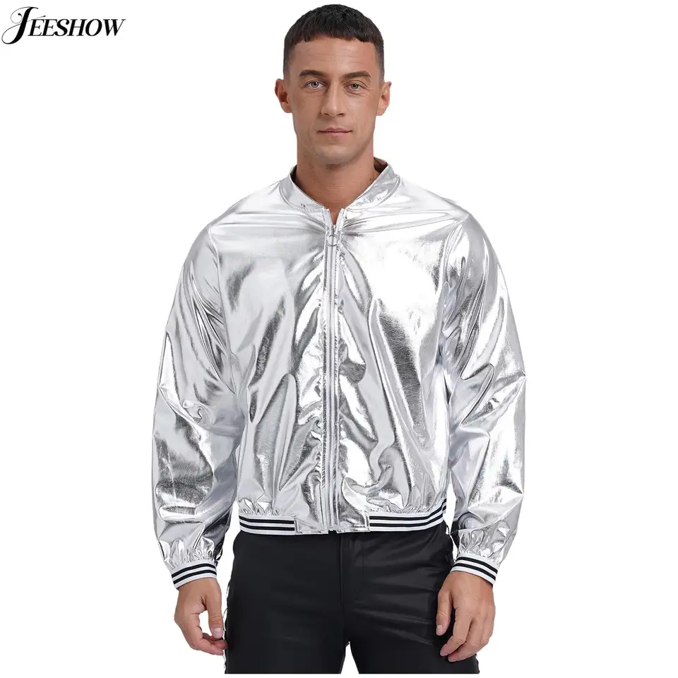 Pánske kovové lesklé bombardovacie bunda s dlhým rukávom zips baseball kabáty Rave Dance Party Festival Outfits Outerwear Clubwear