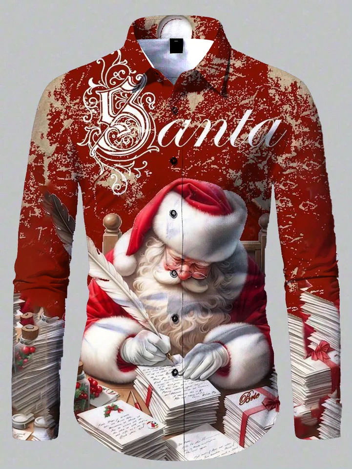 Pánske košele 3D Santa Claus Téma Tlač Tlač zábava s dlhým rukávom vianočné klopanie tričko Príležitostné tričko Šťastný nový rok vianočný darček