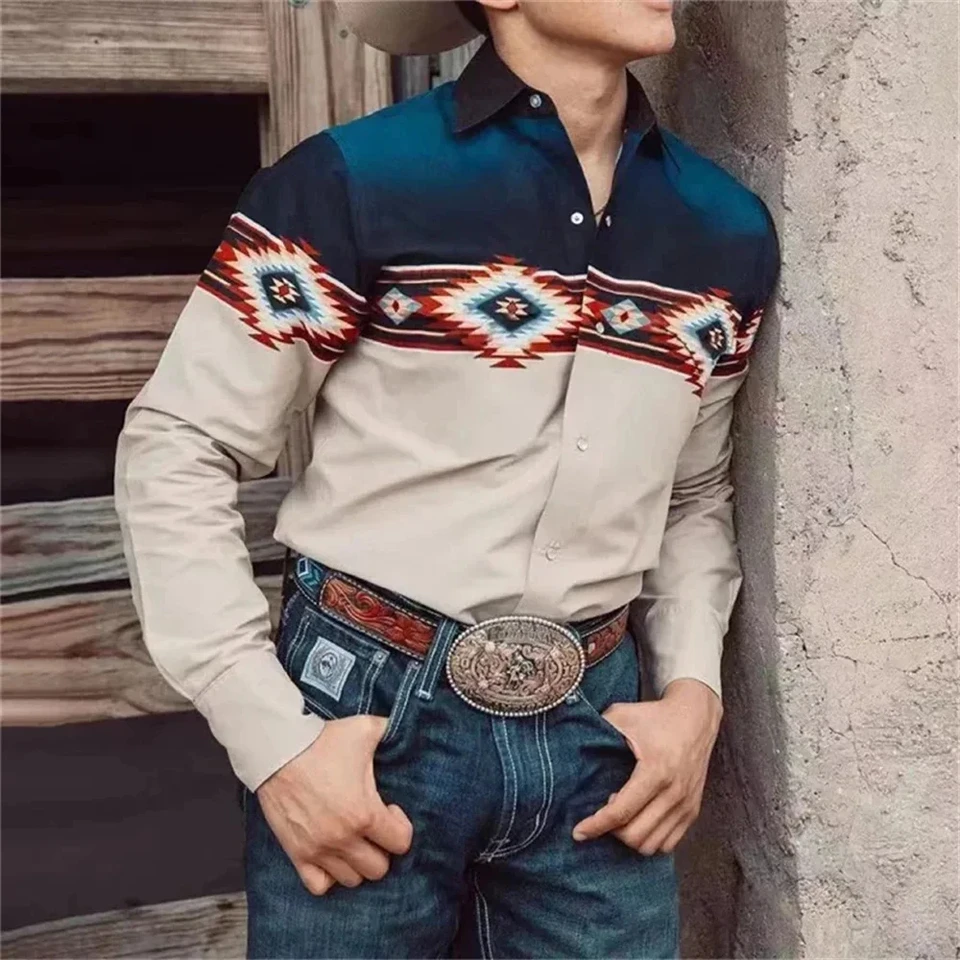 Pánske košele s dlhým rukávom Vytlačené košele módne vysokokvalitné pánske topy ležérne pekné nadmerné nadmerné mexické oblečenie