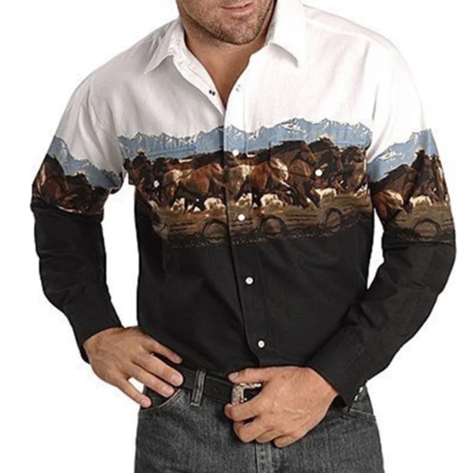 Pánske košele s dlhým rukávom Západné kmeňové etnické vinobranie retro gombíky Outwear Tops Outwear Lape Casual Button Down Tops