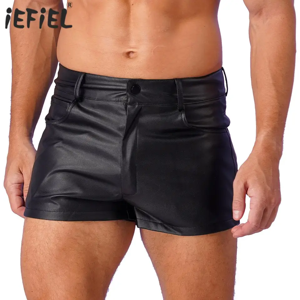 Pánske kožené ležérne boxery šortky vrecká plne podšívkové šortky latex punk kmene pólové tanečné outfity festivaly party clubwear