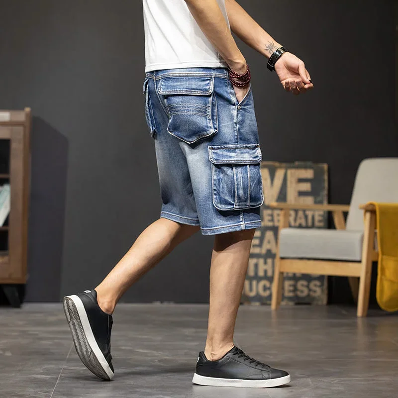 Pánske krátke džínsy Polovňa Polovica s vreckami mužské džínsové šortky koleno dlhý náklad Kórejský módny hip hop vinob