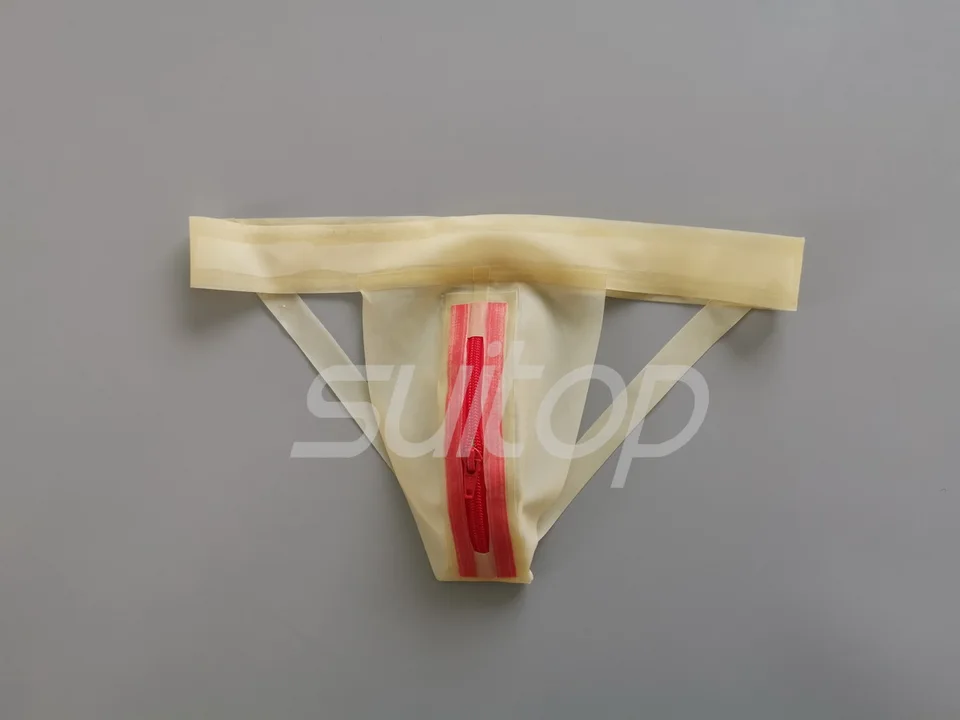 Pánske latexové jockstrapy s predným zipsom v priehľadnom a červenom zips
