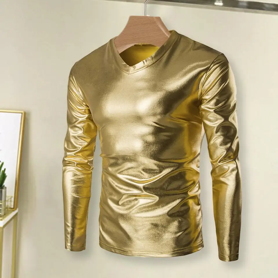Pánske lesklé zlaté bronzujúce lesklé tričko Tričko s dlhým rukávom Men blúzka Summer Top vianočné halloweenské kostýmy Muži bronzing top