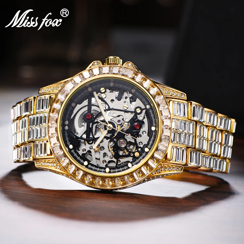 Pánske mechanické hodinky zlato luxusná ľadová bagetová náramok kostrový pohyb kostru nepremokavý tourbillon hodinky pre muža dropsping