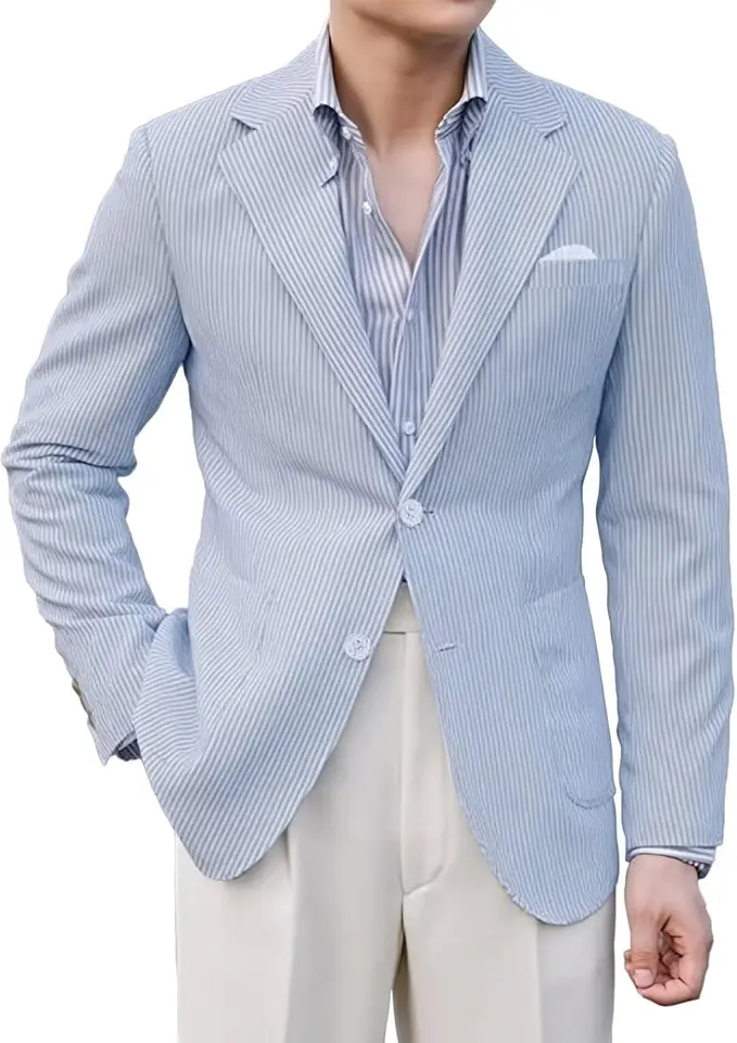 Pánske modré Seersucker Suits Set Grooms Svadobná bunda sako s nohavicami 2 kusové tenké namontované kabáty+nohavice Prispôsobiť sa