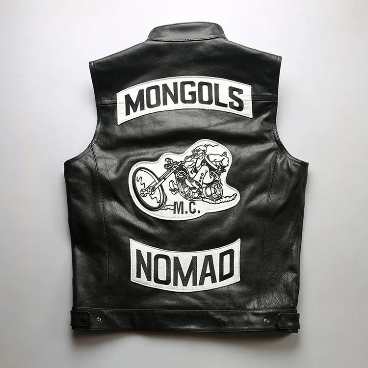 Pánske motocykle mongoly skutočné kožené vesty motorkársky vesta Čierna cowhide vyšíva