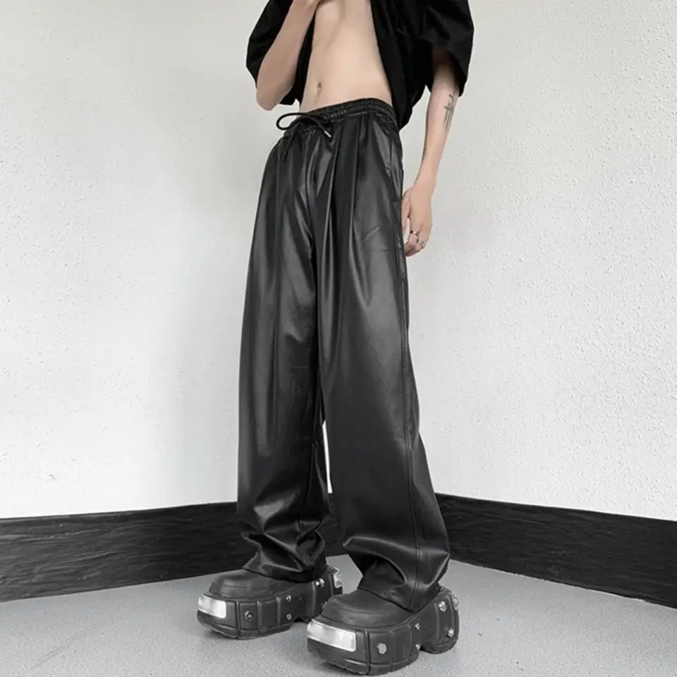 Pánske nohavice Pánske faux kožené šnúrky so širokou nohou na nohy elastického pása Hip Hop Streetwear Nohavice pre priedušné pohodlie