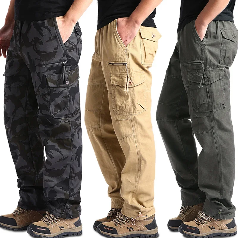 Pánske nové kombinézy voľné priame viac vreckovky Príležitostné nohavice outdoorový výcvik Šport Camouflage taktické nohavice bavlnené pohodlie pohodlie