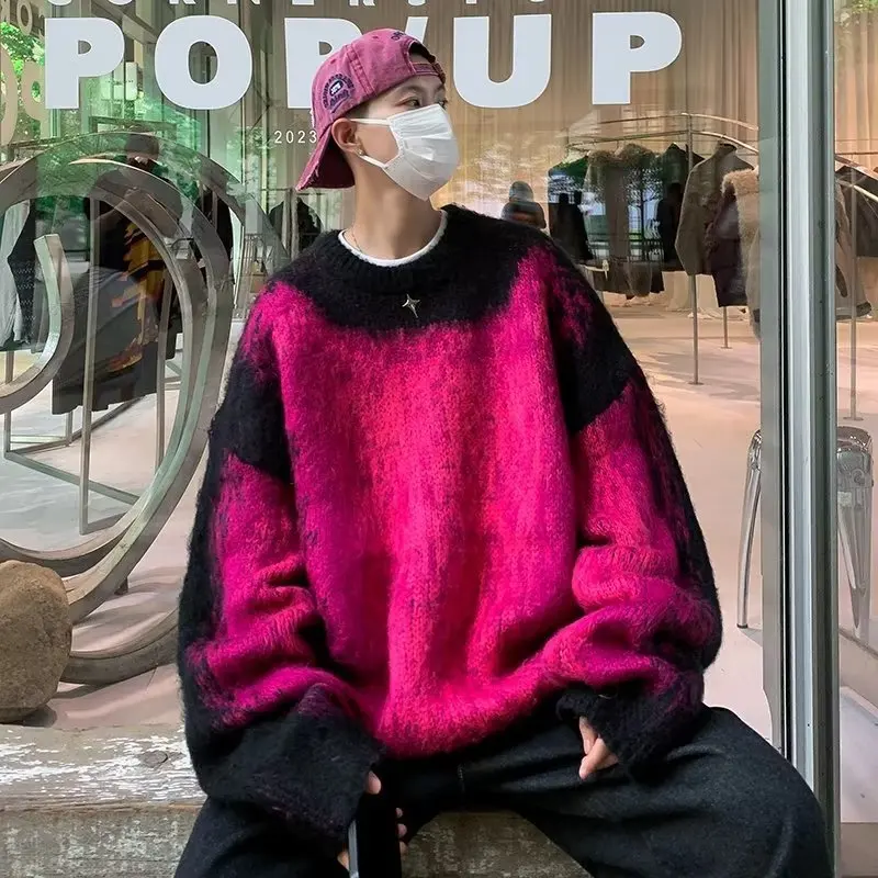 Pánske pletené pulóverové kefované gradient farebný sveter Trendy kontrast farebný pekný okrúhly krk Teplé hrubé vrcholy jeseň