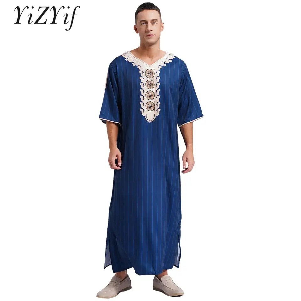 Pánske rúcho arabské etnické tričko Moslim thobe kaftan rúž islamský stredný východ Saudský arabsky voľný dlhý šaty ozdobné šaty