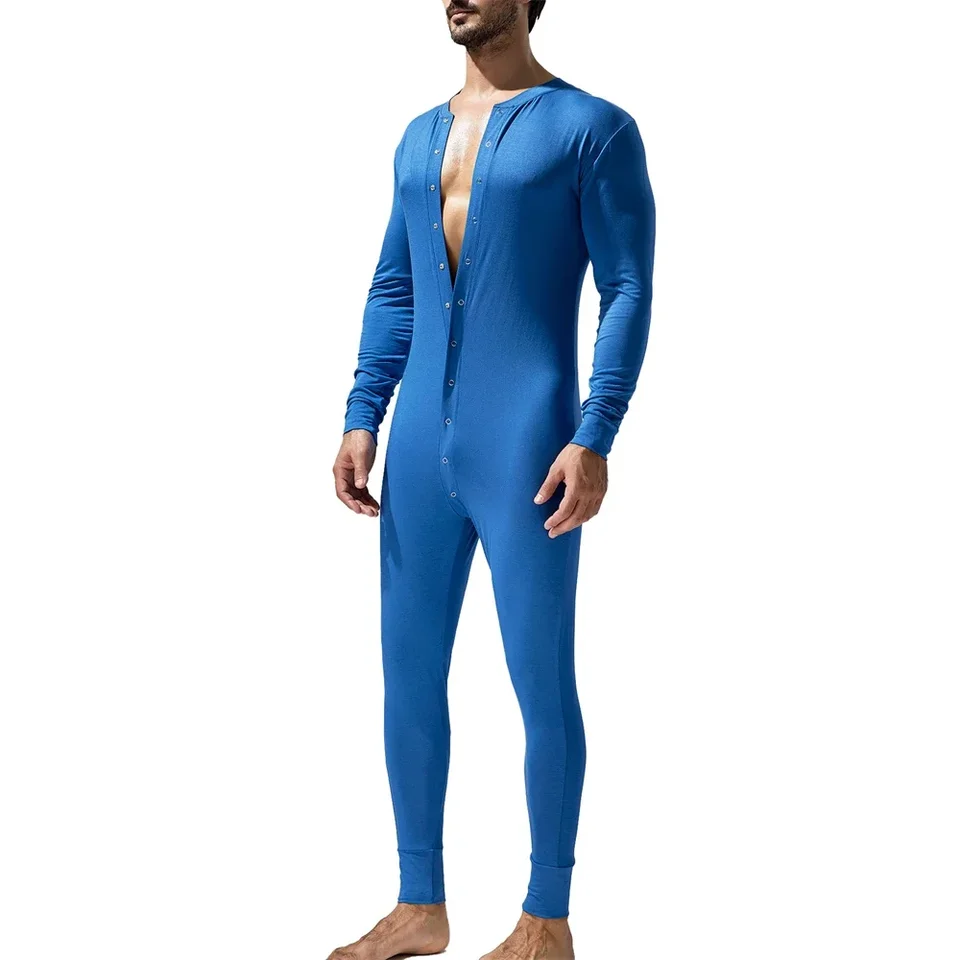 Pánske s dlhým rukávom kombinézy pyžamy neformálne masívne farebné tlačidlo Otvorené bedrové oblečenie Jeseň Spring Romper Sleewear