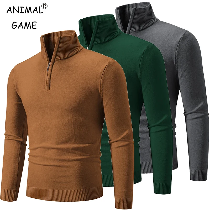 Pánske s dlhým rukávom Streetwear Half Zipper Pulloves Auto stojan golier Turtleneck