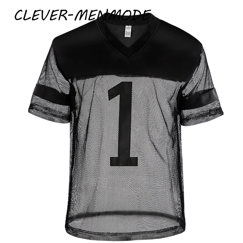 Pánske sexy faux kožené rybárske siete s krátkym rukávom Cutout Pu T Rukáv priedušný V-krk na krátky rukáv basketbalové dresy Sportswear