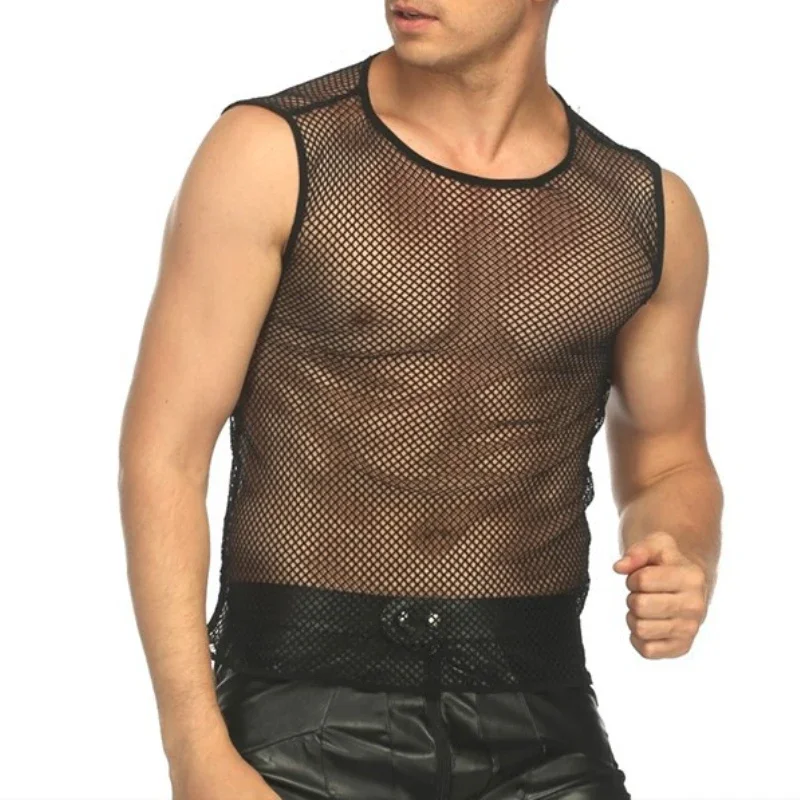 Pánske sexy O-krk bez rukávov Vesty Streetwear Fishnet Tank Top s mletia priedušnou dutou fitness mikina svalové športové štíhle vrcholy