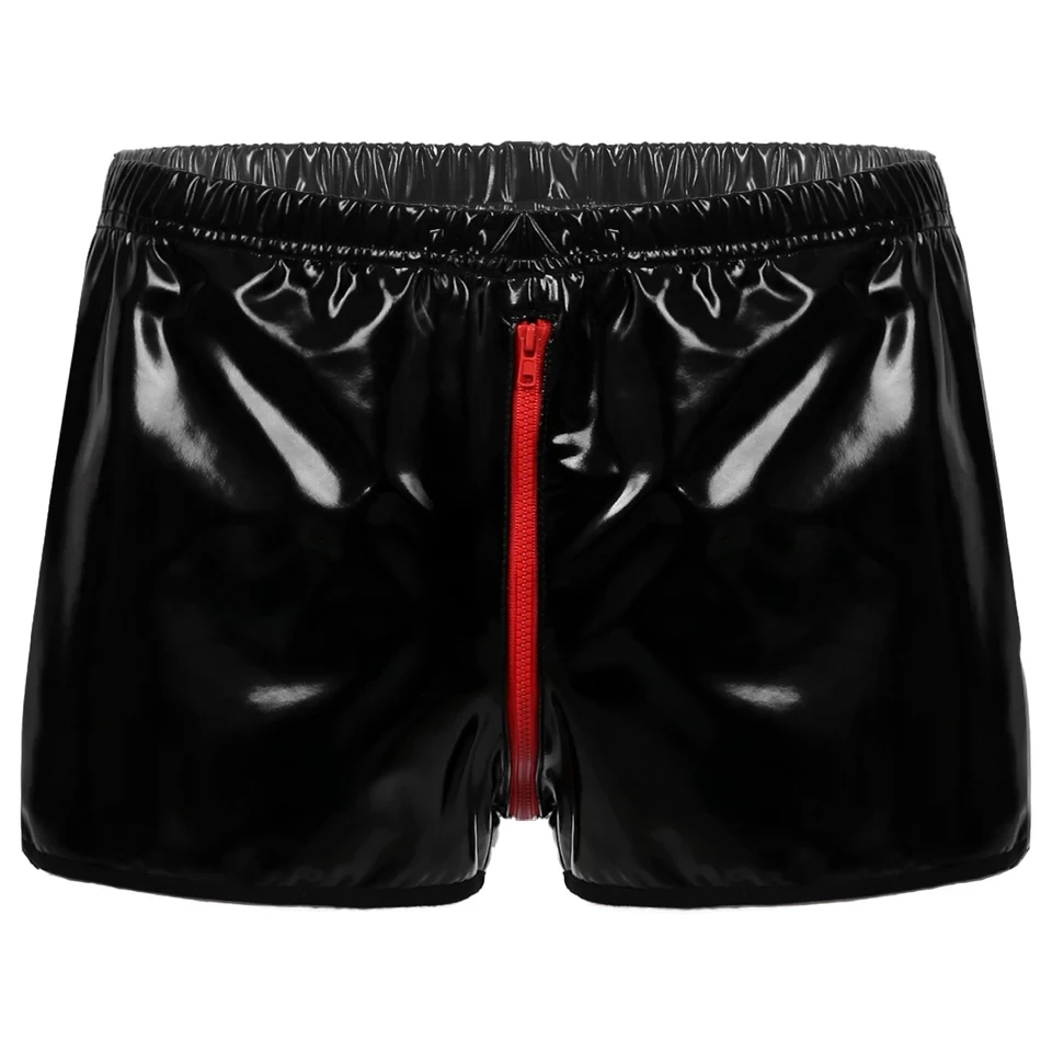 Pánske sexy otvorené rozkroky Krátky Krátke nohavice pre sex zips Crotchless Leskiny Patent Leath Fetiš boxer erotické horúce porno nohavice sexi