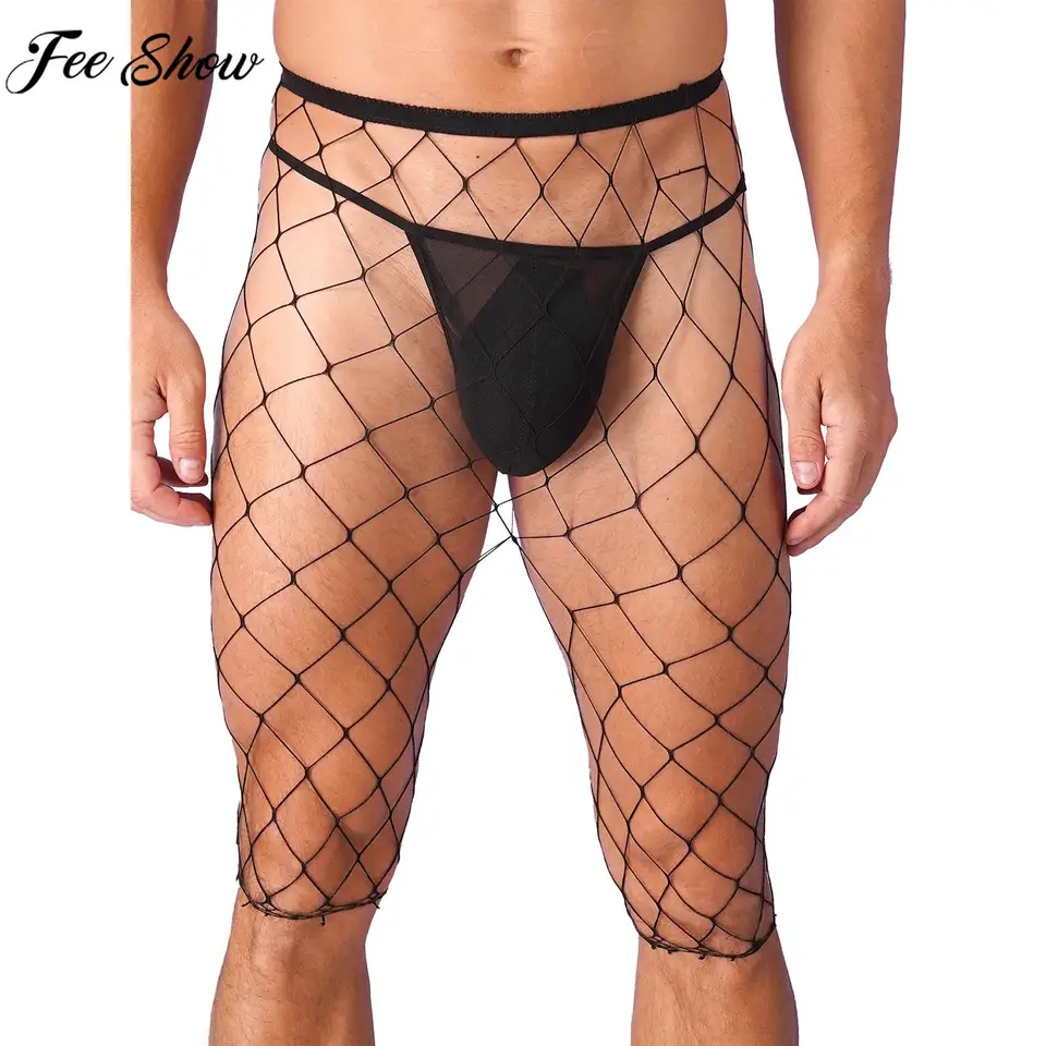 Pánske sexy rybárske sieťové priehľadné horúce nohavice s vysokým pásom dĺžkou kolena pružné legíny pre bazén Party