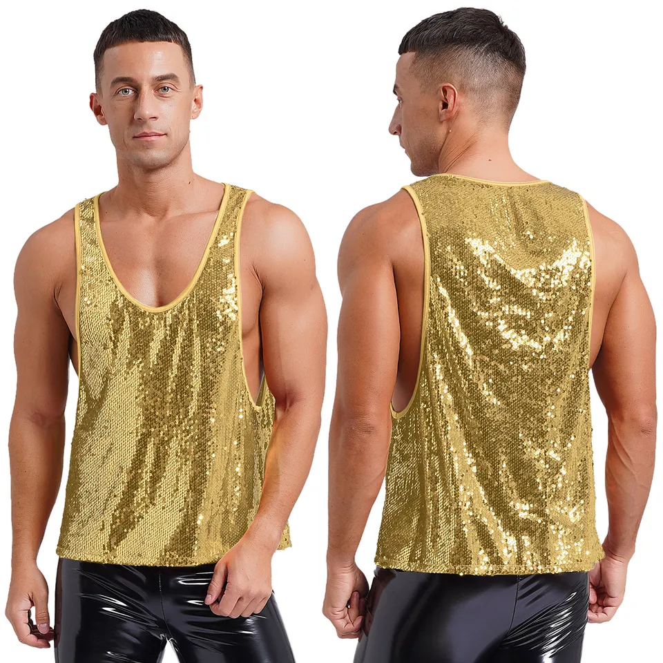 Pánske sexy trblietky flitry vesta Tank-top hladké vesty lesklé top Modern Jazz Tap Latin Disco Dance Dance karnivaly kostým nočné klub