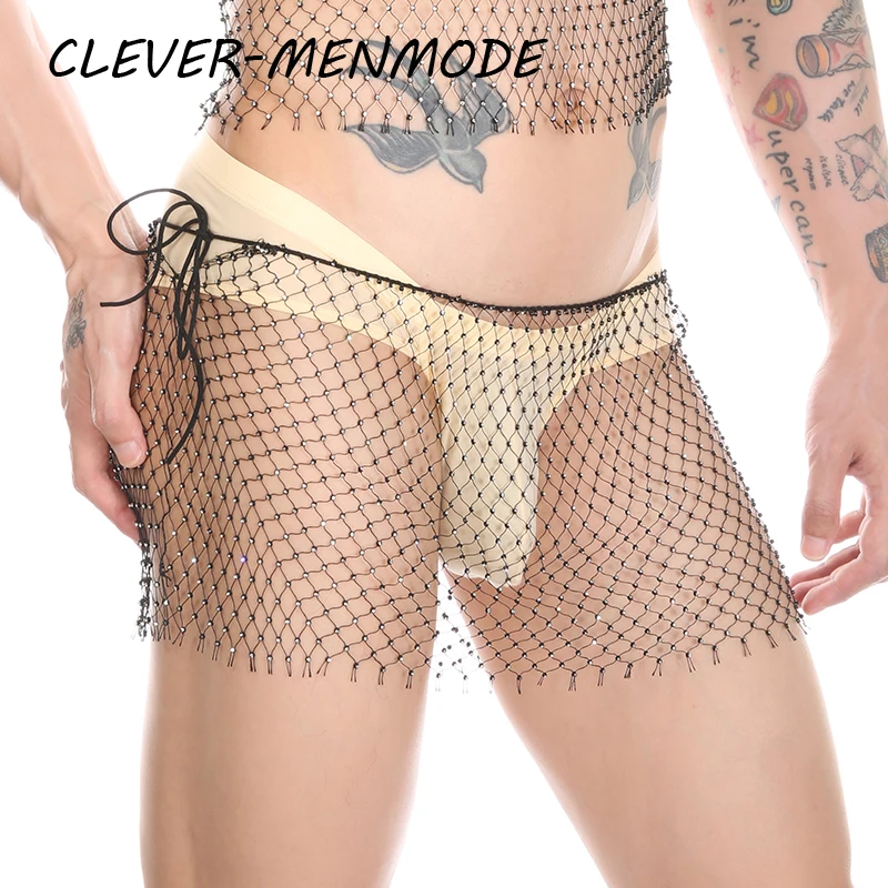 Pánske sexy číry trblietky Diamond Fishnet Boxer šortky erotické priehľadné priehľadné dierky nohavičky pódium outfit Sex Sex Lingerie sissy