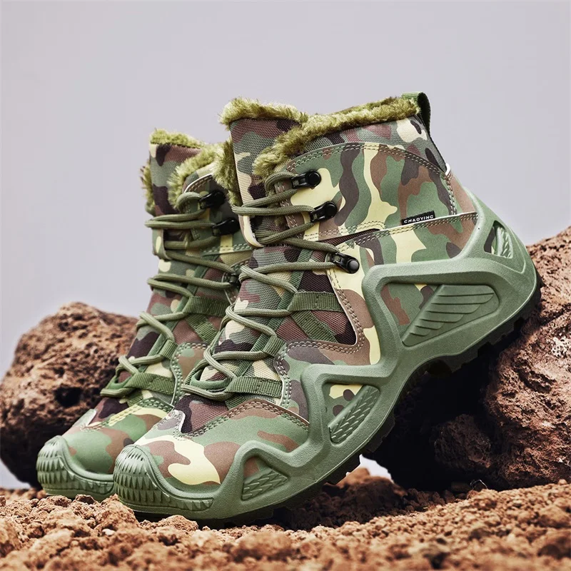 Pánske snehové topánky Pracovné oblečenie High Top Camouflage topánky módne všestranné džínsové, jeseň a zimné vonkajšie teplé taktické topánky