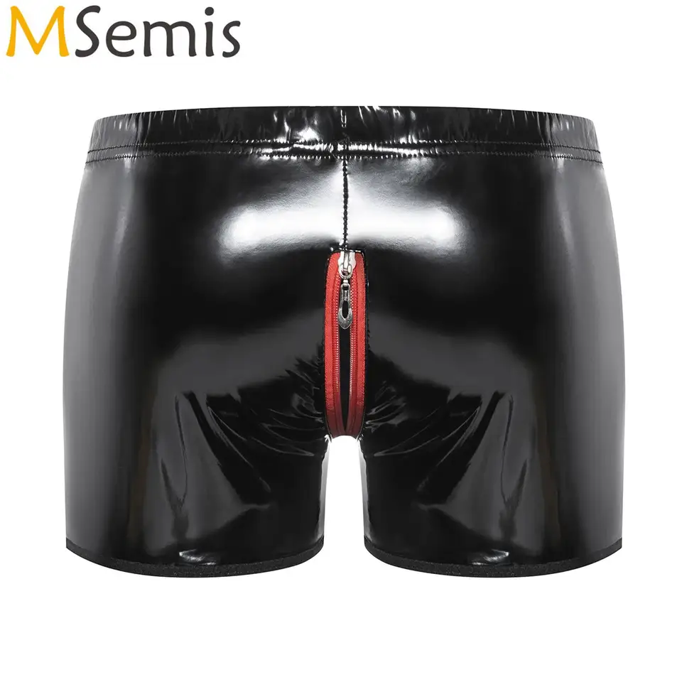 Pánske spodné prádlo elastický pás zips gombíky nočné oblečenie latex latex patentské kožené krátke nohavice otvorené rozkrokový boxer spodná bielizeň