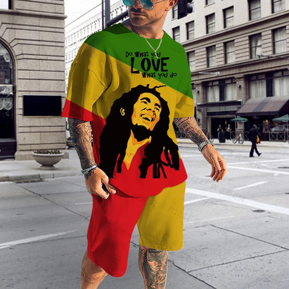 Pánske stopy Bob Marley Reggae hudobné tričko Tričko Set letný príležitostný oblek 2-kusové oblečenie Mužské nadmerné streetwear