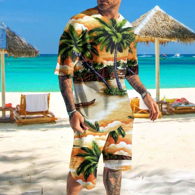 Pánske stopy kokosové stromy 3D tlačené tričká Hawaii Beach Setts Sets Fashion Streetwear Nadmerné dovolenkové obleky Muž