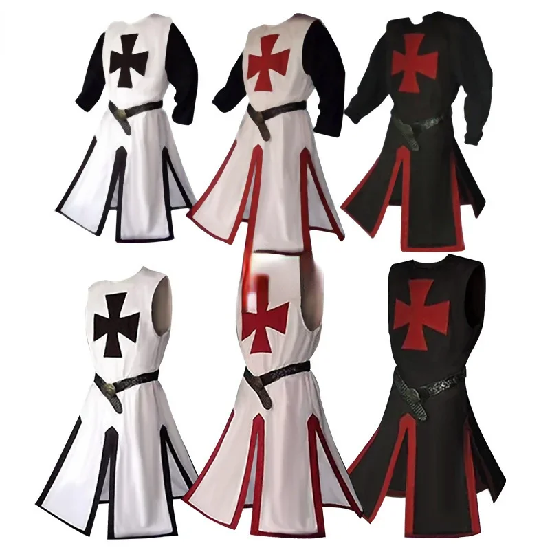 Pánske stredoveké rúcho hrajúce rolí, templársky rytieri, Crusader Coats, Topy s krátkymi rukávmi s dlhým rukávom, prerobené kostýmy