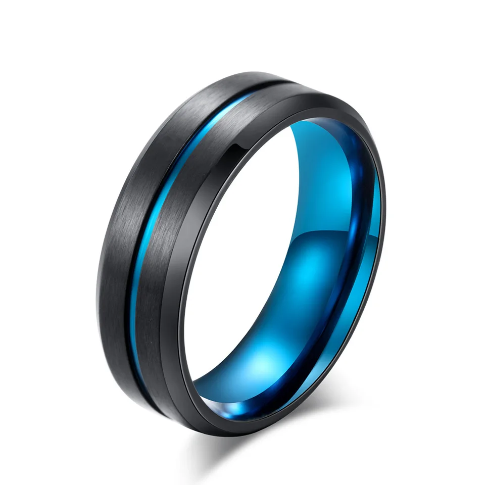 Pánske svadobné pásmo Rings Blue Gold Color Groove Line prsteň leštený matný kefovaný povrchový titán z nehrdzavejúcej ocele