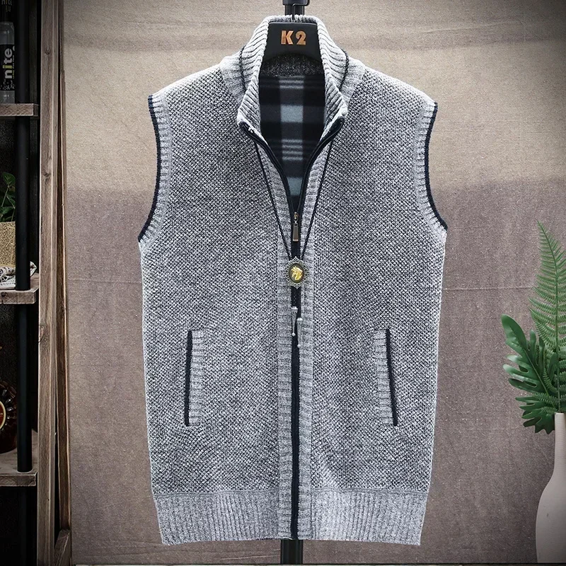 Pánske svetre vesty na jeseň Zimná zima Nové pevné teplé zipsové sveter Sweater Sweaters vesty muži Príležitostné pletené oblečenie bez rukávov Mužské oblečenie