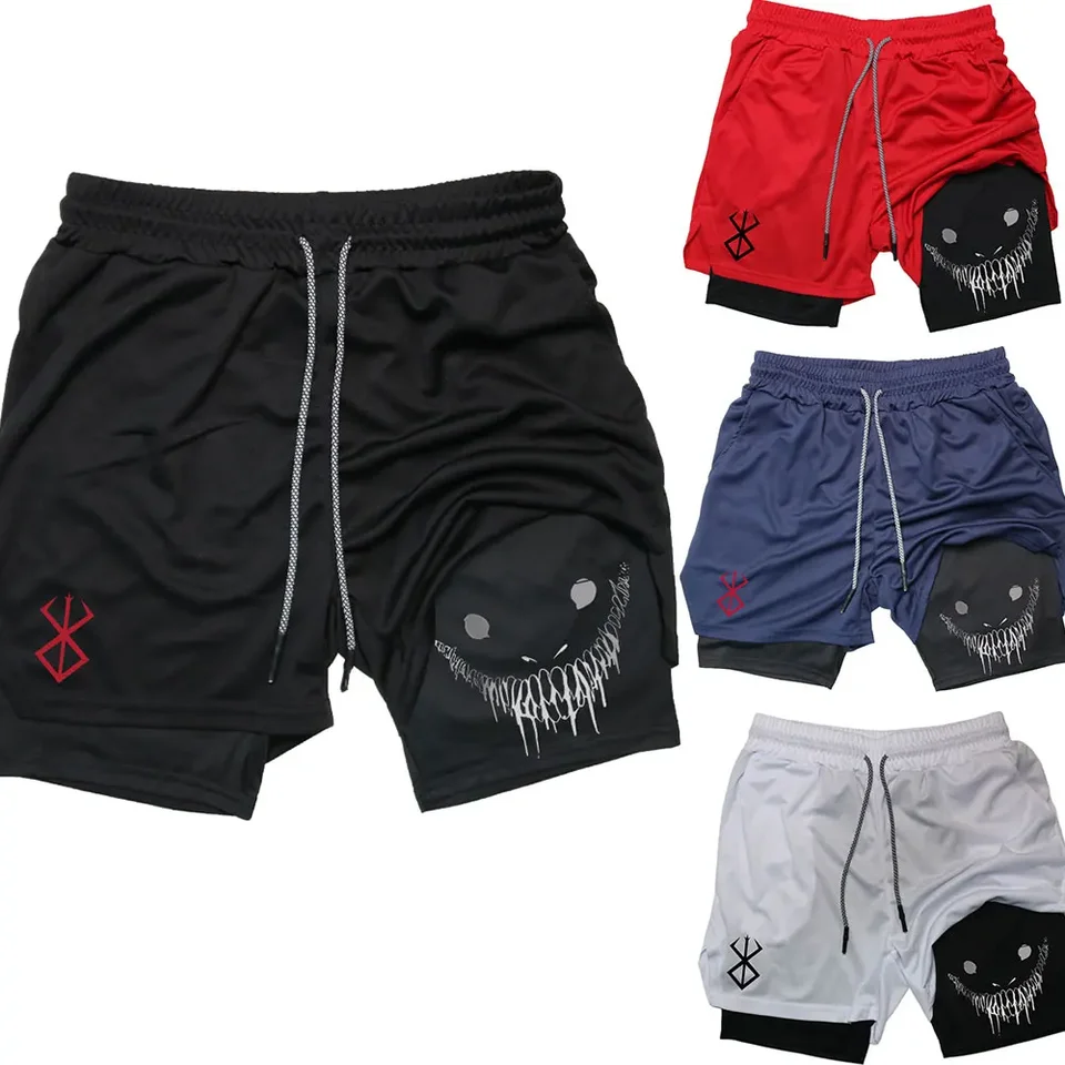 Pánske telocvičňa Performance Shorts Anime Berserk Print 2 in 1 šortky rýchlo sušené joggingové cvičenie Sportswear jogy basketbalové šortky
