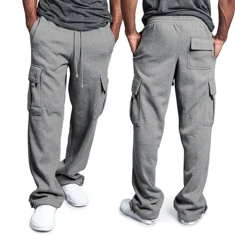 Pánske tepláky priame fit bežníky na šport a streetwear uvoľnené nadmerne nadmerné šnúrky dlhé nohavice Men Multi-Pocket Pants
