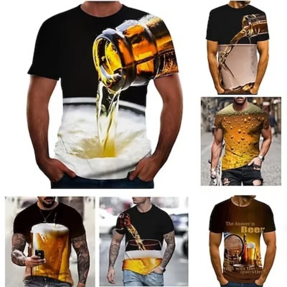 Pánske tričko Grafické 3D pivo okrúhly krk tmavo šedá ABCD plus vychádzka von víkendu s krátkym rukávom oblečenie Basic