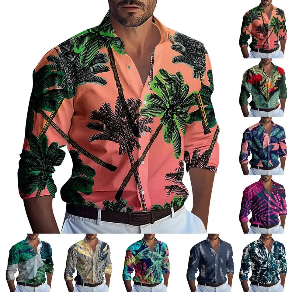 Pánske tričko s dlhým rukávom Cast Fashion 3D Havajský palmový strom tlačí košele Pánske klošné košeľa s dlhým rukávom Nový rok darček