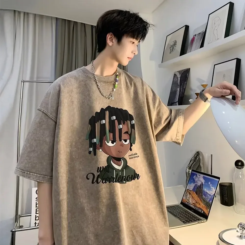 Pánske tričko s krátkym rukávom Americký štýl Vintage ťažké umývanie bavlny v núdzi hip hop plus veľkosť polovičného rukávu tela