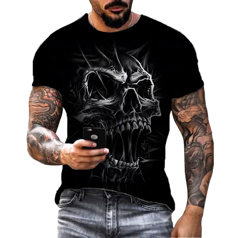 Pánske tričká 3D lebka tlačená čierne streetwear s krátkym rukávom okrúhly krk Horor Halloween Muž topy