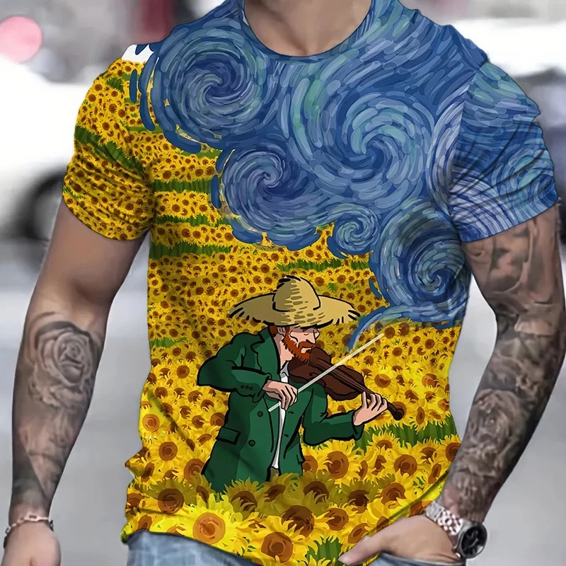 Pánske umelecké tričko 3D olejomaľba potlačené tričko Top letný kvetinový vzor krátky rukáv voľný veľkí tričko Pánske oblečenie