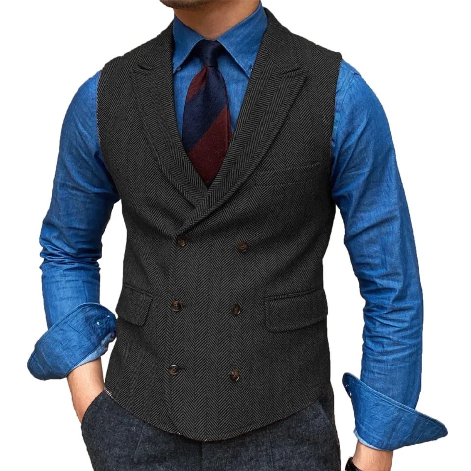 Pánske vesty klopné klopanie vlna Hnedá retro vesta Príležitostné formálne vrecko Business Slim Fit vesta Groomman pre svadbu