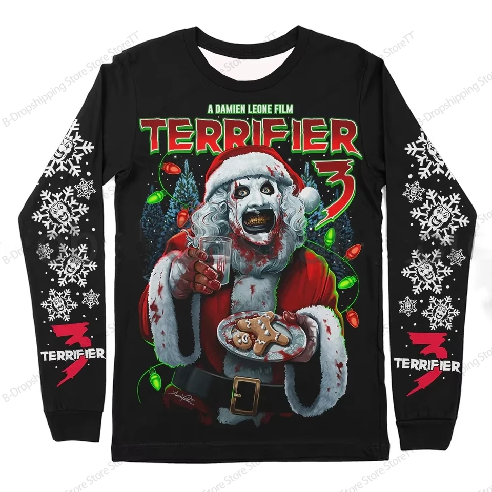 Pánske vianočné tričko s dlhým rukávom 3D Horor Terrifer Tlač TRESKU MEN MÁ Módne halloween tričko snehové vločky Tops Tops