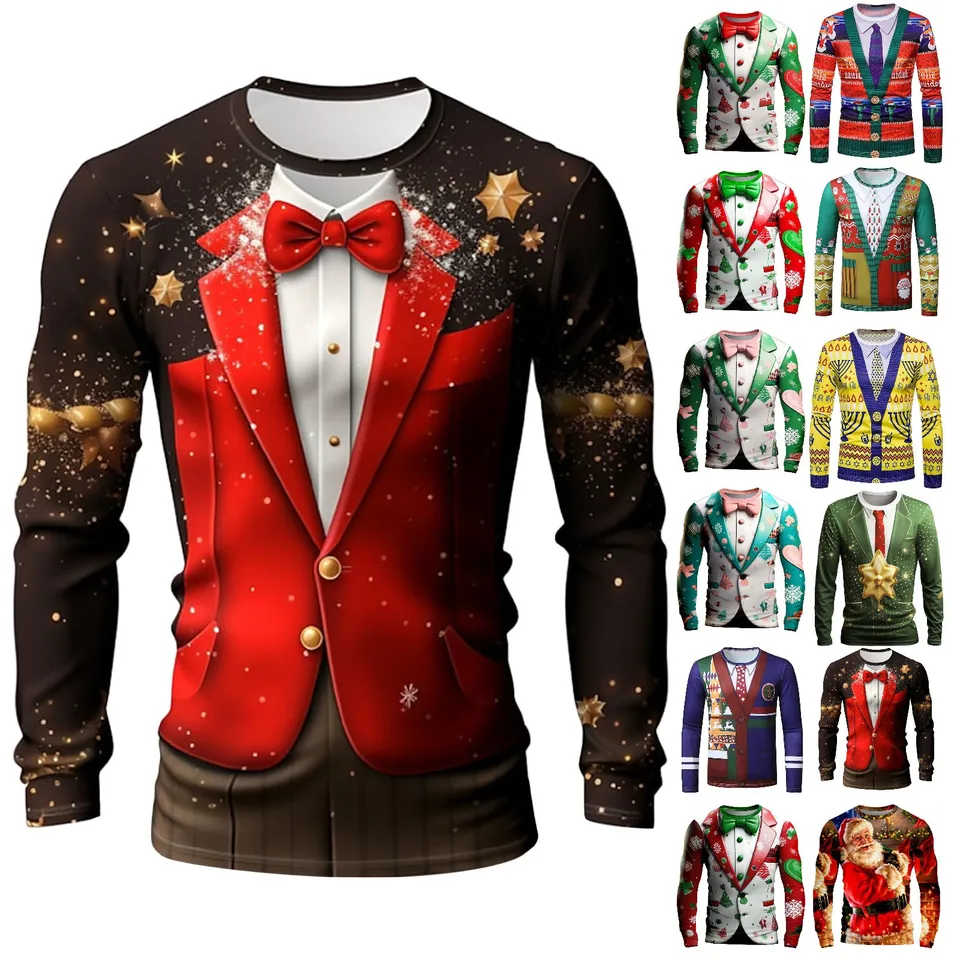 Pánske vianočné vtipné vtipné tričko s dlhým rukávom Digitálna 3D tlač Trstu pre mužov Slim Fit o krk Navidad tunickú blúzku