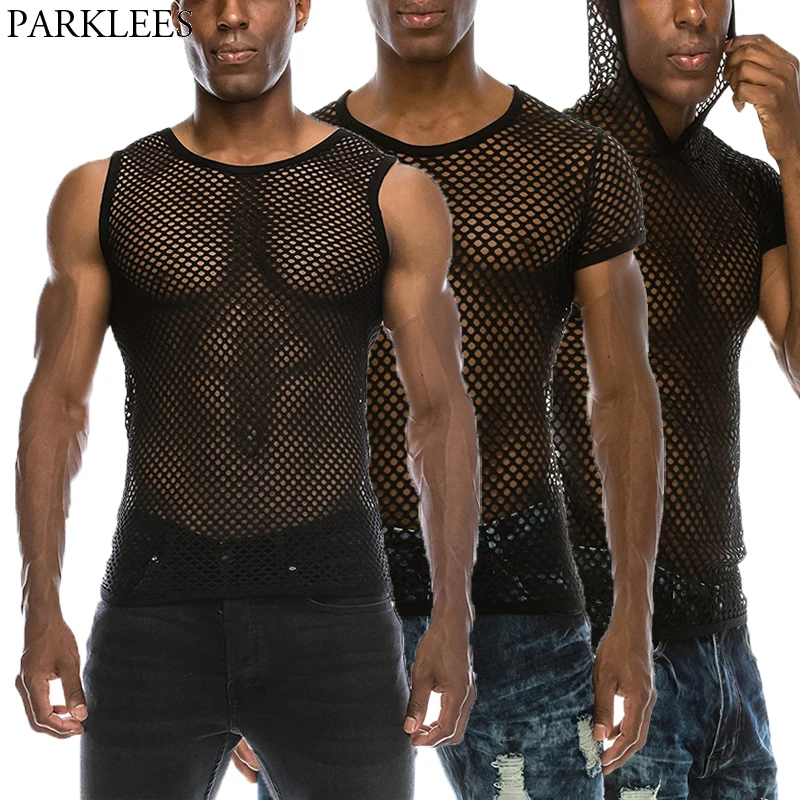 Pánske videnie cez čierne sieťové nádrže FishNet Top 2018 Nová sexy perspektíva bez rukávov bez rukávov s svalovou špičkou mužov