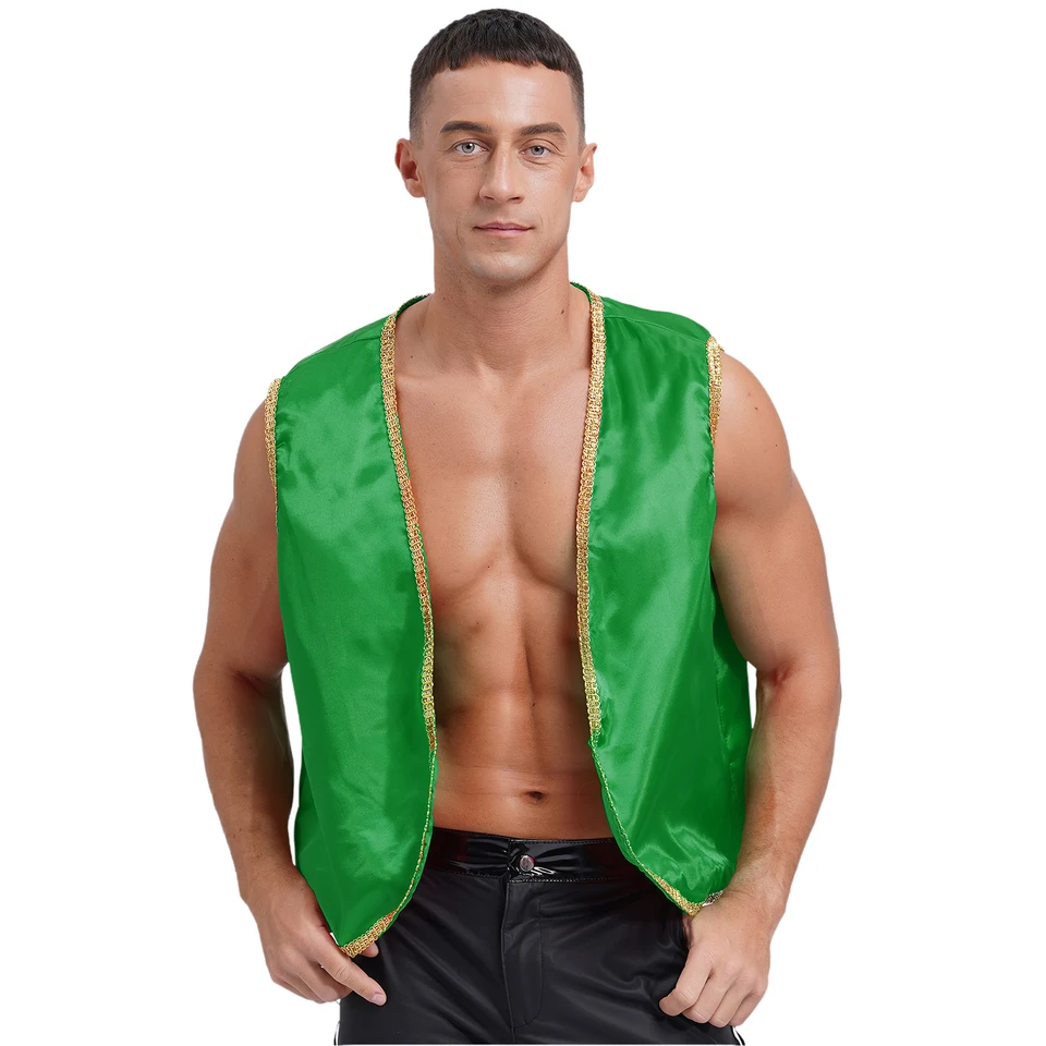 Pánske vinobranie Renaissance Jack Lafels Tops Arabský princ Indický arabský kostým Cosplay lesklý zlatý lem Otvorený predný zakrivený vestu