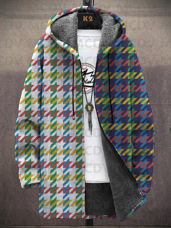 Pánske vintage Houndstooth Checkt Print Hooded Dva vreckové fleecové sveter