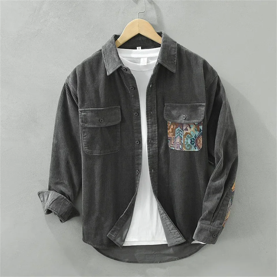 Pánske vintage odevy košeľa Corduroy Autumn Winter Men Obliekanie bavlny s dlhým rukávom Príležitostné košele Outwear voľné vrcholy pre mužov
