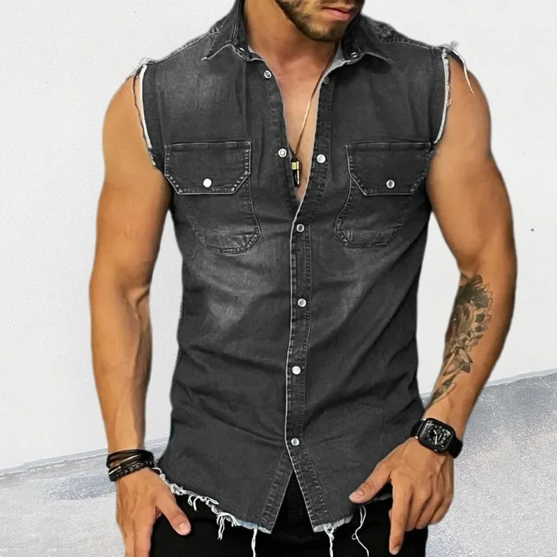 Pánske vybavené vintage džínsové vesty bez rukávov denim a bunda geometrická kórejská móda