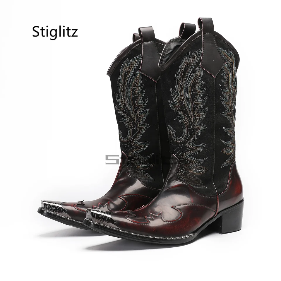 Pánske výšivky Cowboy Boots High podpätky Metal Toe Totem Mid Calf Western Riding topánky Autumn Originálne kožené retro mužské topánky