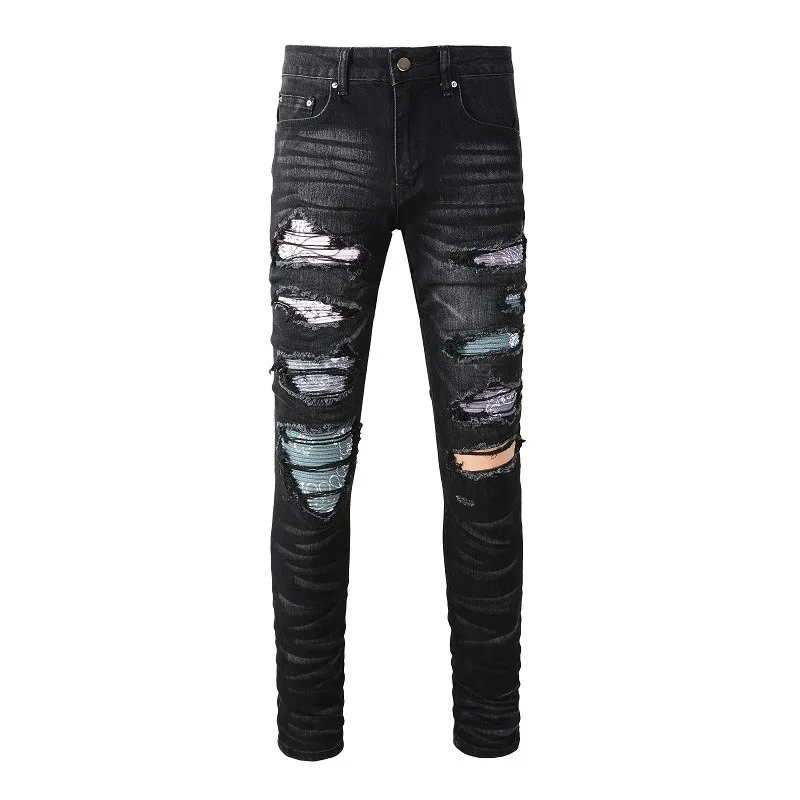 Pánske zúfalé diery roztrhané skladané farebné patch džínsy streetwear hip hop Hop Skinny zúžené džínsové nohavice Muž
