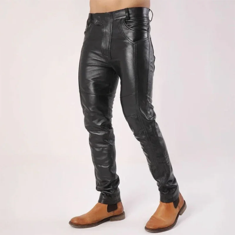Pánske čierne matné faux kožené kožené zostrihové nohavice Ceruzky Muž Vintage PU Bodycon nohavice s vreckami náhodou zábava zvyčajné