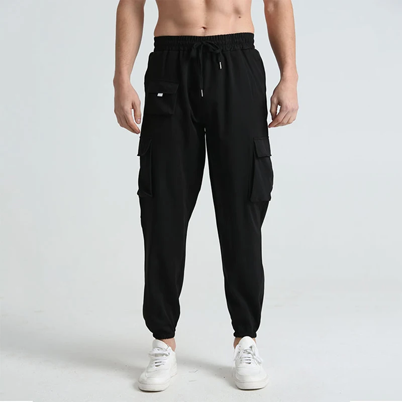 Pánske športové nákladné nohavice obyčajné sťahovanie s vysokým pásom voľné nohavice s vreckami módnymi joggermi streetwear